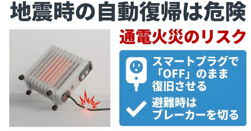 地震による停電復旧時に転倒したヒーターから発火する通電火災の危険性