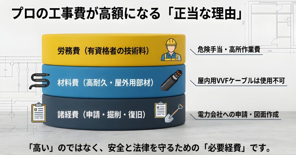 電気工事の費用内訳。材料費、労務費、申請費などが高額になる理由の図解