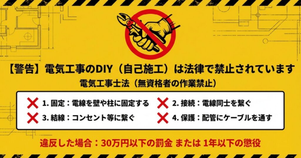 電気工事士法により無資格者のDIY配線工事が禁止されていることを示す警告画像 +1