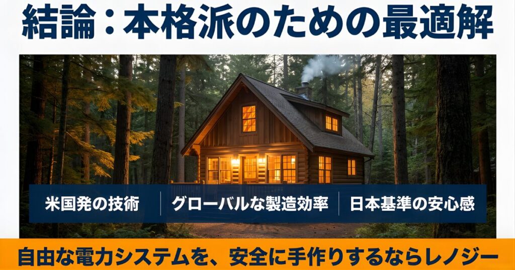 森の中のキャビン画像と、Renogyが提供する「技術・効率・安心感」の3つの要素をまとめたスライド