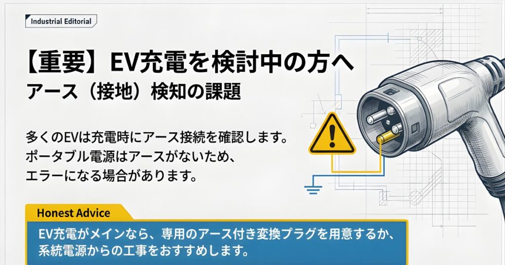 ポータブル電源でのEV充電時に発生するアース検知エラーと対策についての注意書き