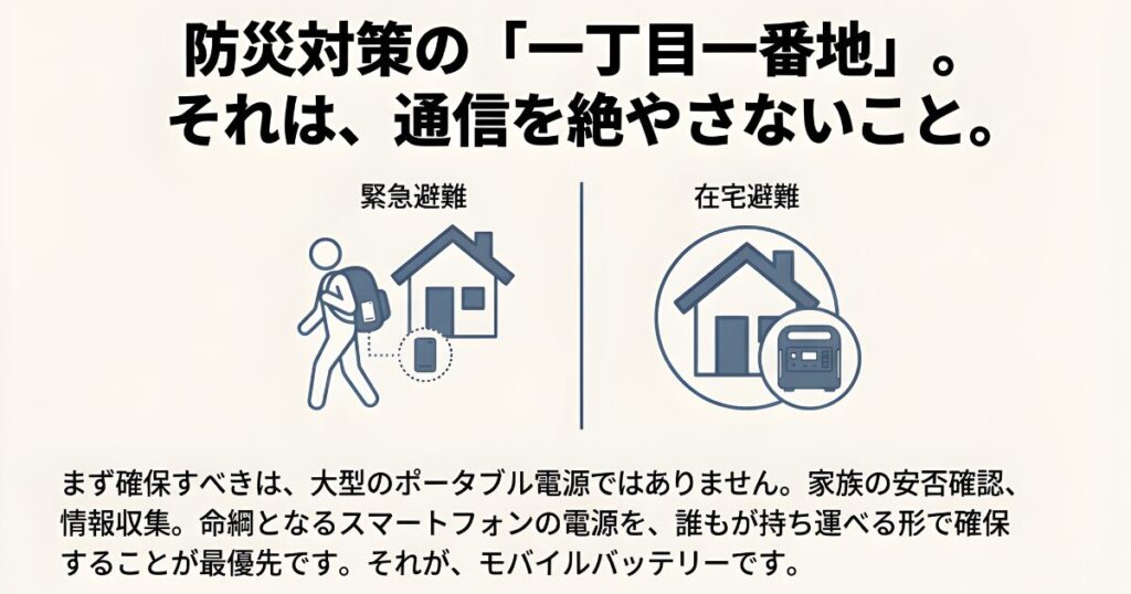 緊急避難と在宅避難におけるモバイルバッテリーとポータブル電源の優先順位
