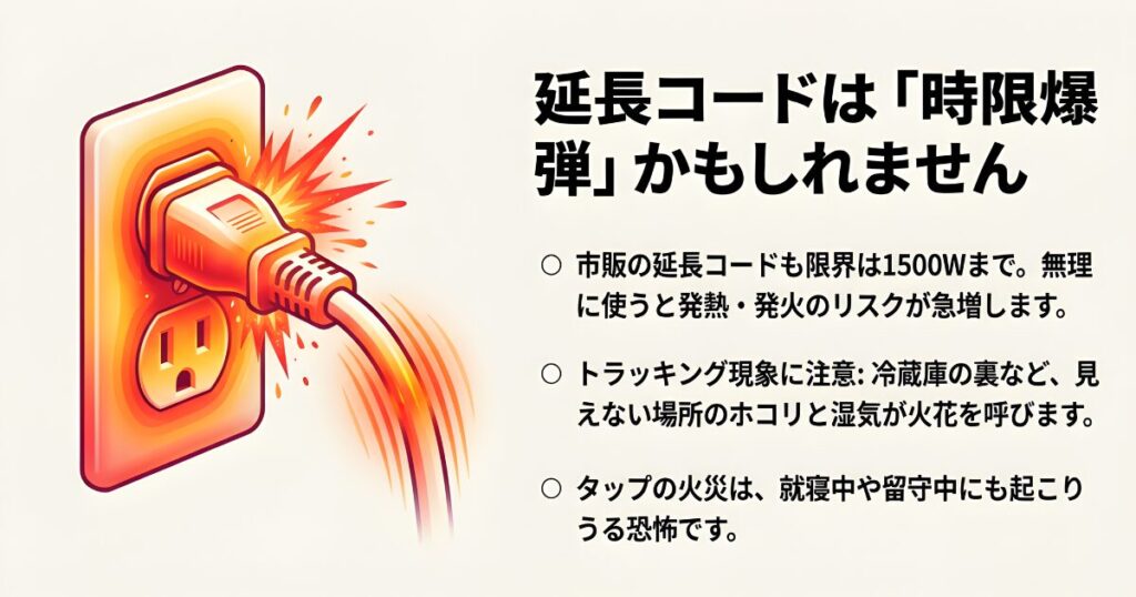 延長コードに過度な電流が流れてコンセントプラグから発火している危険なイラスト