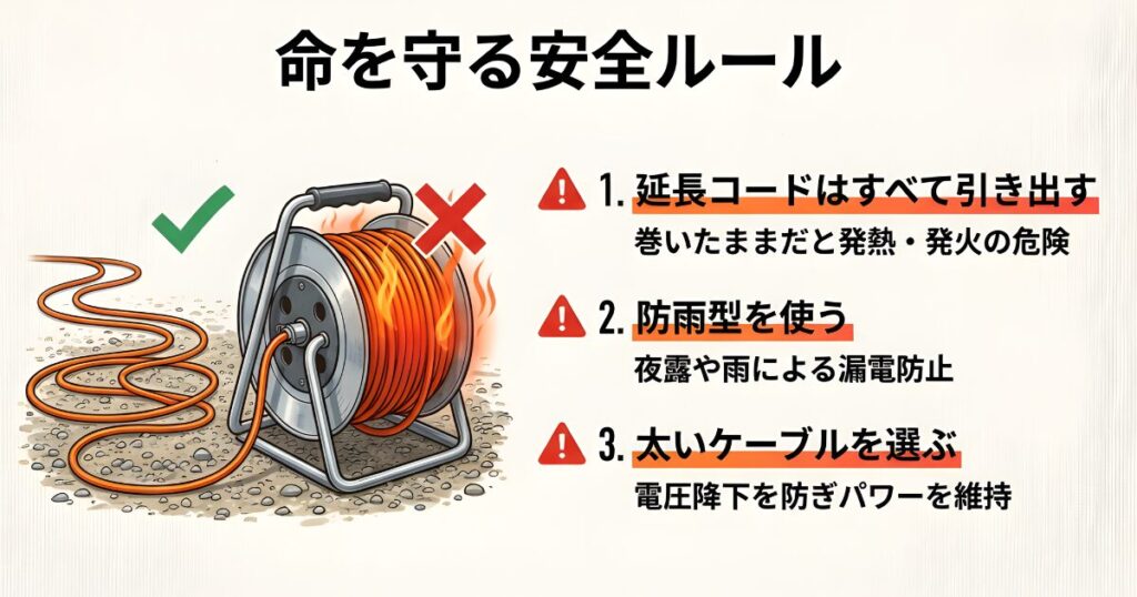 ドラム式延長コードを巻いたまま使用することによる発火の危険性と、すべて引き出して使う安全ルール