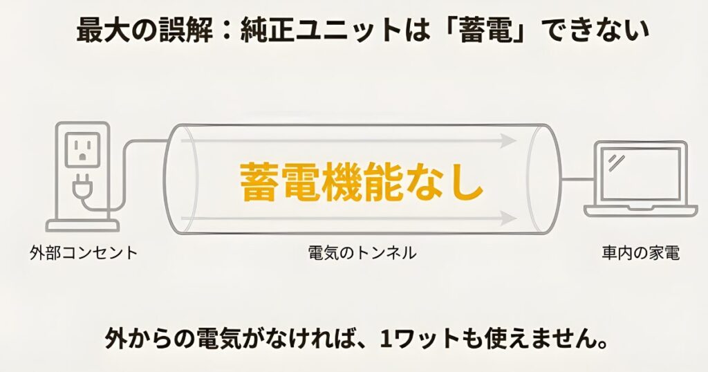 外部電源ユニットは蓄電機能がなく外部からの給電がないと家電が使えない仕組みの解説図