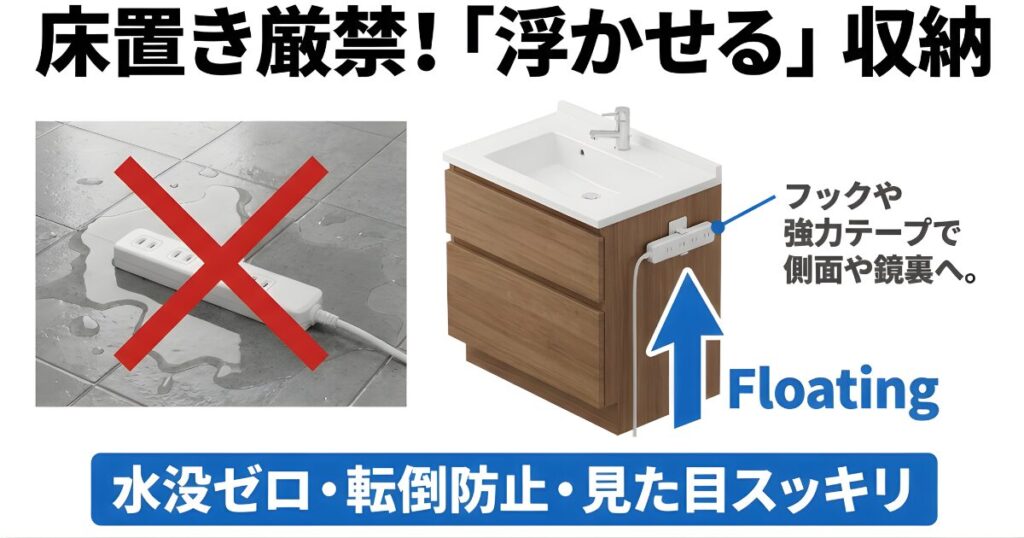 電源タップを床置きせずフックやテープで浮かせて設置し水没と転倒を防ぐ方法