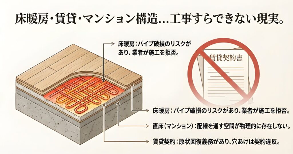 床暖房やマンションの直床構造、賃貸契約の制約によりコンセント増設工事ができない理由の解説図