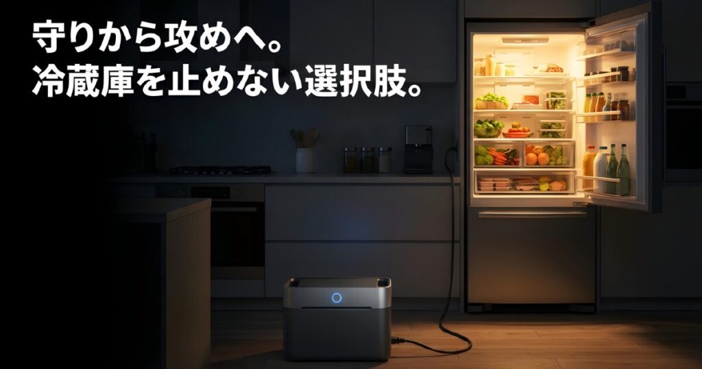 冷蔵庫の停電対策を「守り」からポータブル電源を活用した「攻め」へ切り替える提案スライド