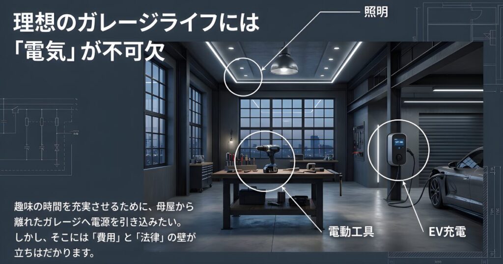 照明、電動工具、EV充電など、理想のガレージライフに必要な電気設備のイメージ図