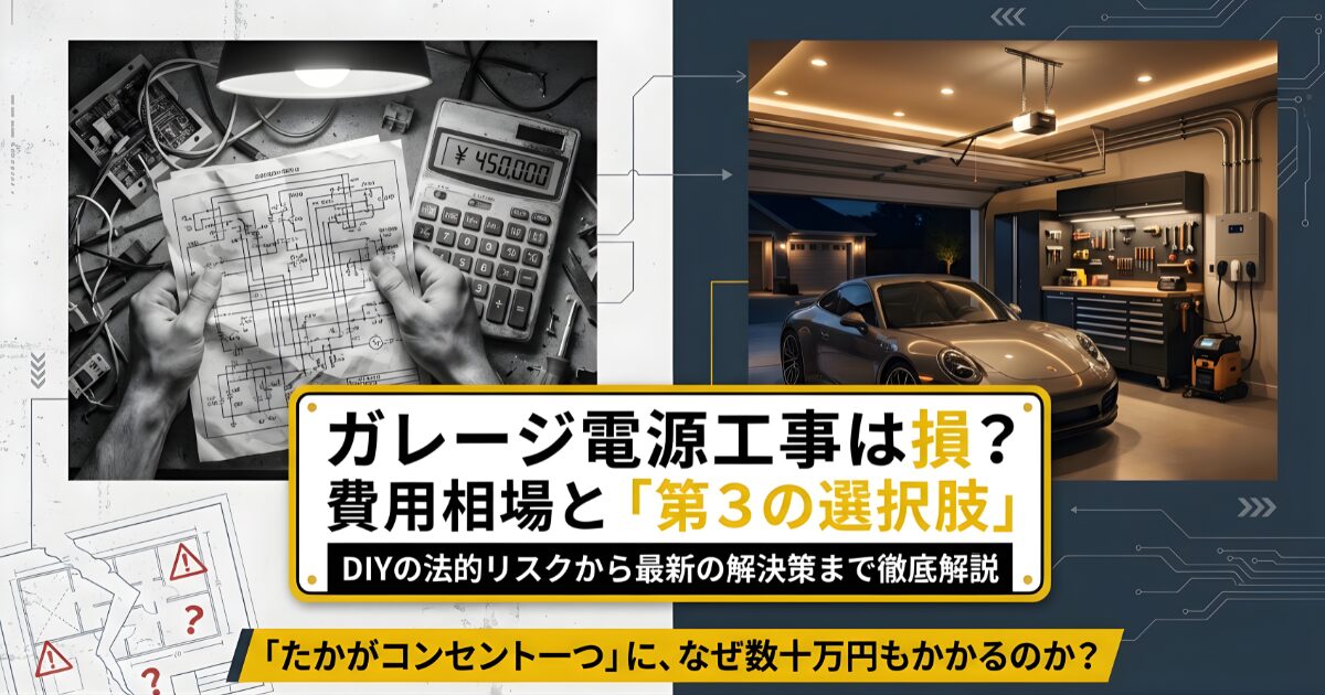 ガレージ電源工事の費用相場とDIYの法的リスク、工事不要の第3の選択肢について解説する記事タイトル画像