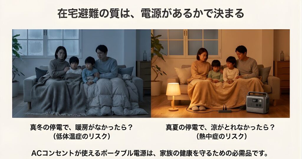 停電時でもポータブル電源で明かりや暖房を使用している安心なリビングの様子