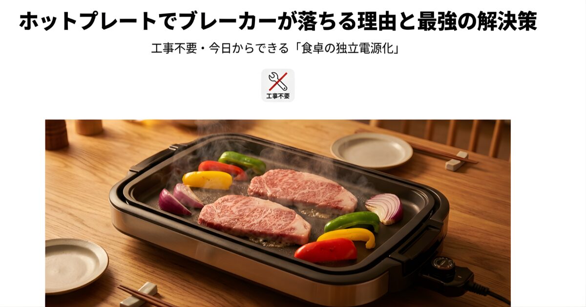 卓上でホットプレートを使って厚切りのステーキ肉と野菜を焼いている美味しそうな写真と、記事タイトル「ホットプレート停電最強の解決策」の文字