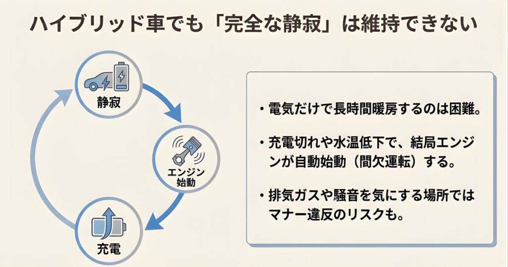 ハイブリッド車でも暖房使用時は充電切れや水温低下でエンジンが自動始動してしまう
