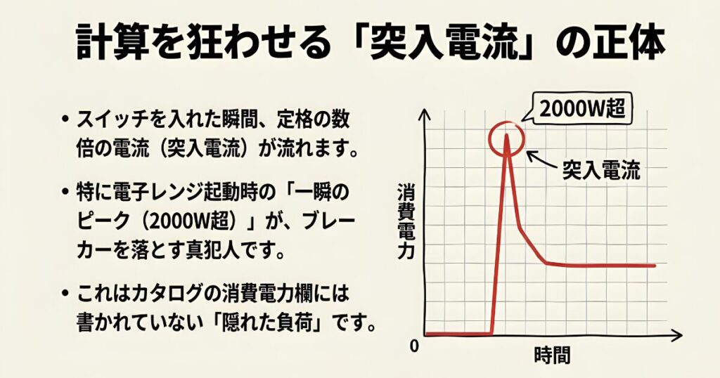 家電のスイッチを入れた瞬間に流れる突入電流が2000Wを超え、ブレーカー落ちの原因になることを示したグラフ