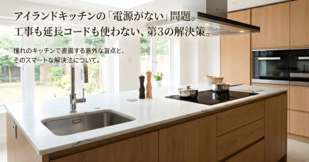 アイランドキッチンのコンセント不足問題と工事不要の解決策についての記事タイトルスライド