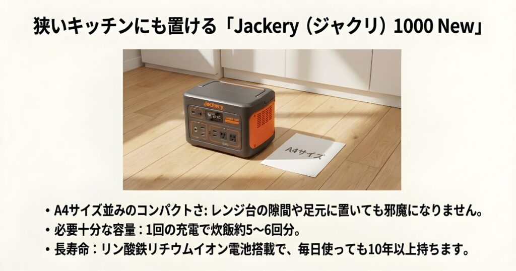 Jackery ポータブル電源 1000 NewがA4用紙と並んで置かれており、狭いキッチンにも収まるコンパクトさと長寿命の特徴を解説した画像