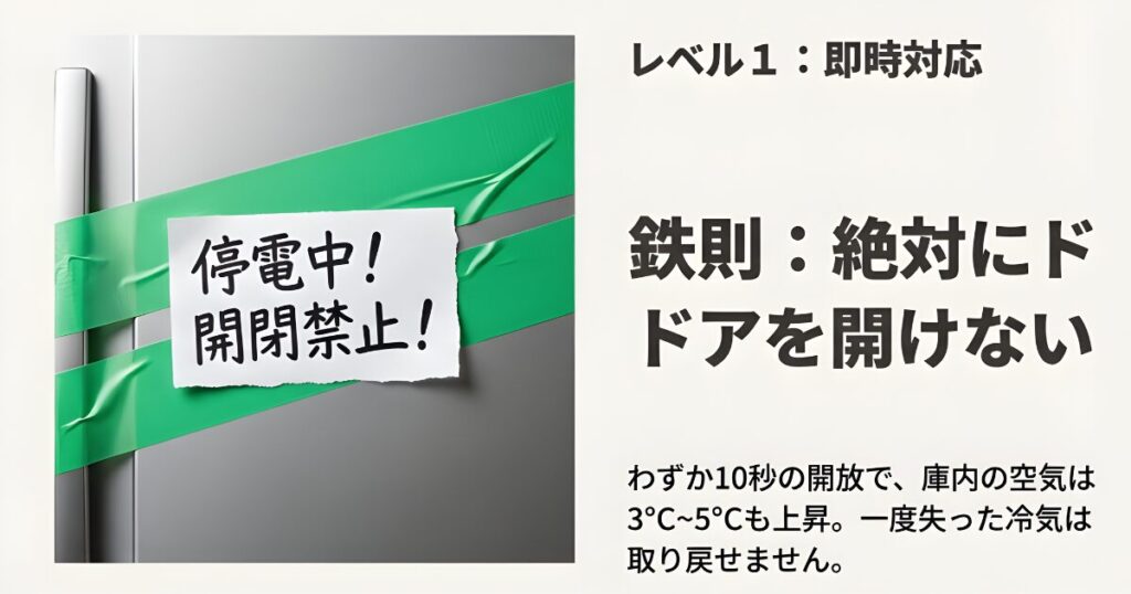 停電中は冷蔵庫のドアを開けないこと。10秒の開放で庫内温度が3〜5度上昇する警告スライド