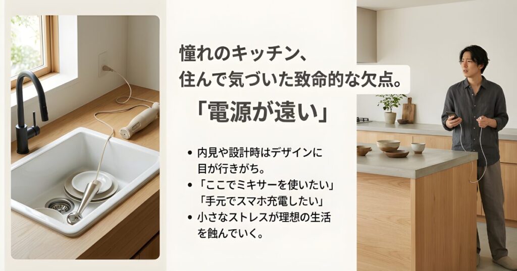 シンクでのハンドブレンダー使用やスマホ充電など、キッチンで電源がないことによるストレスのイメージ