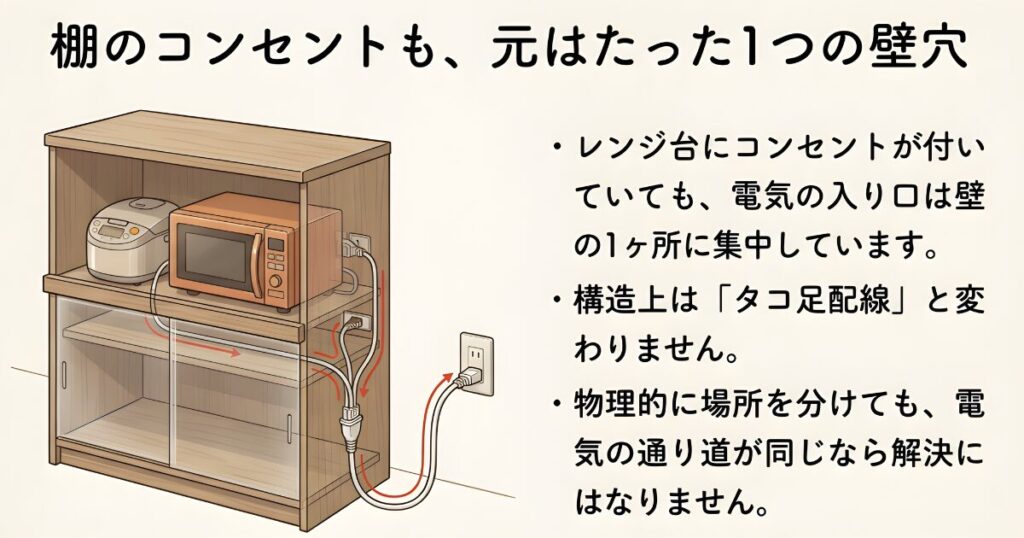 レンジ台のコンセントも元を辿れば壁の1つの差し込み口に集中しており、実質的なタコ足配線と同じ状態であることを示した透視図