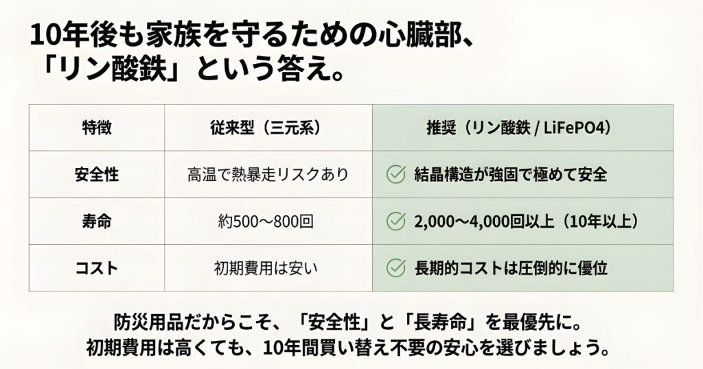 リン酸鉄リチウムイオン電池と従来型バッテリーの安全性・寿命・コスト比較