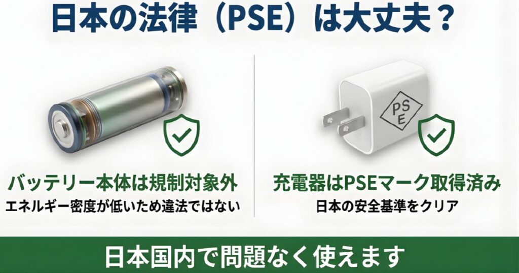 LiTimeバッテリーのPSEマーク（電気用品安全法）への対応状況。エネルギー密度が低いため本体は規制対象外だが、充電器はPSE取得済みで安全。