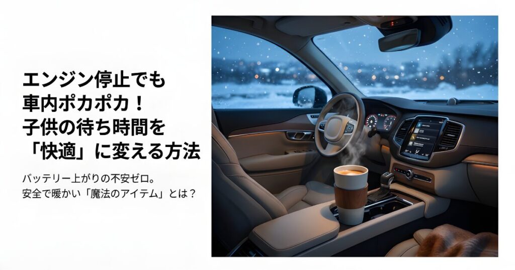 エンジン停止中の冬の車内で温かいコーヒーを飲みながら快適に過ごすイメージ