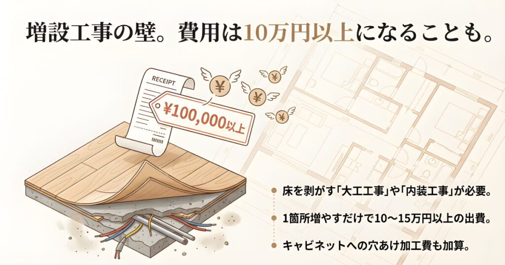 コンセント増設工事には床の張り替えや穴あけ加工が必要で、費用が10万円以上になることを示すイメージ