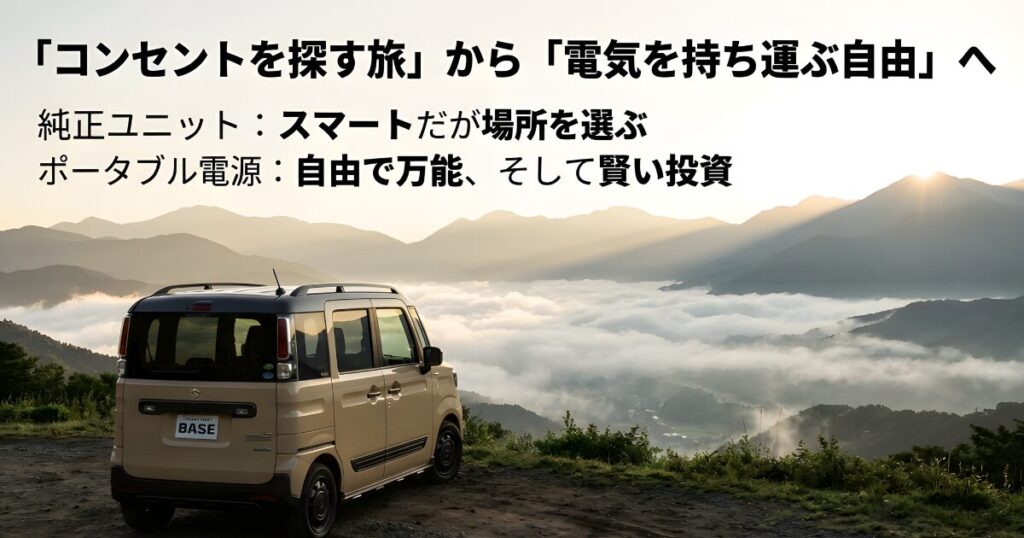 ンセントに縛られずポータブル電源を持って自由な場所へ出かけるスペーシアベースのコンセプトイメージ