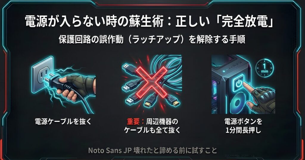 パソコンの電源が入らない時の正しい完全放電手順と電源ボタン長押しリセット