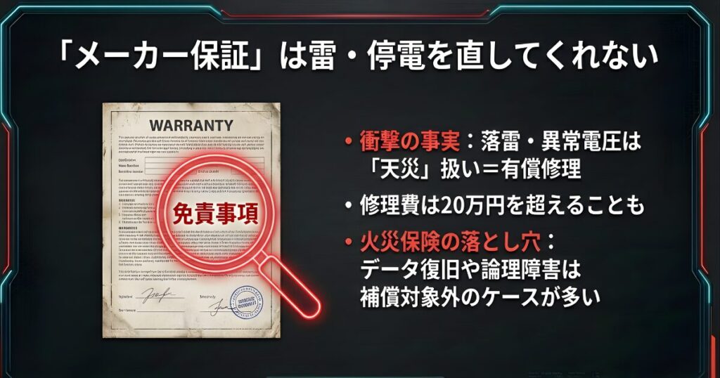 ゲーミングPCのメーカー保証書における免責事項と落雷・停電による故障の扱い