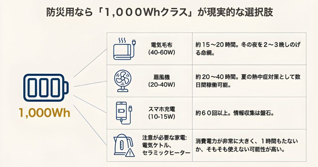 1000Whのポータブル電源で使える電気毛布や扇風機の時間と使えない家電