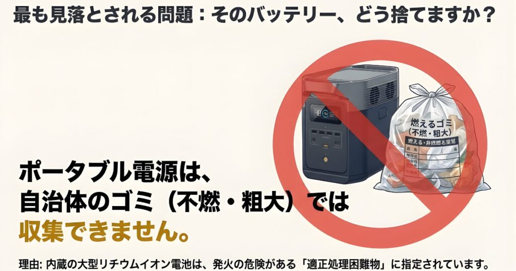 ポータブル電源は適正処理困難物であり、燃えるゴミや粗大ゴミとして捨てられないことを示す警告スライド。