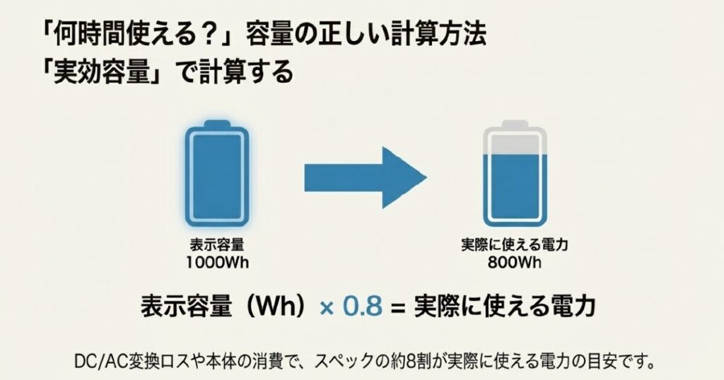 ポータブル電源の表示容量の約8割が実際に使える「実効容量」である計算式の解説