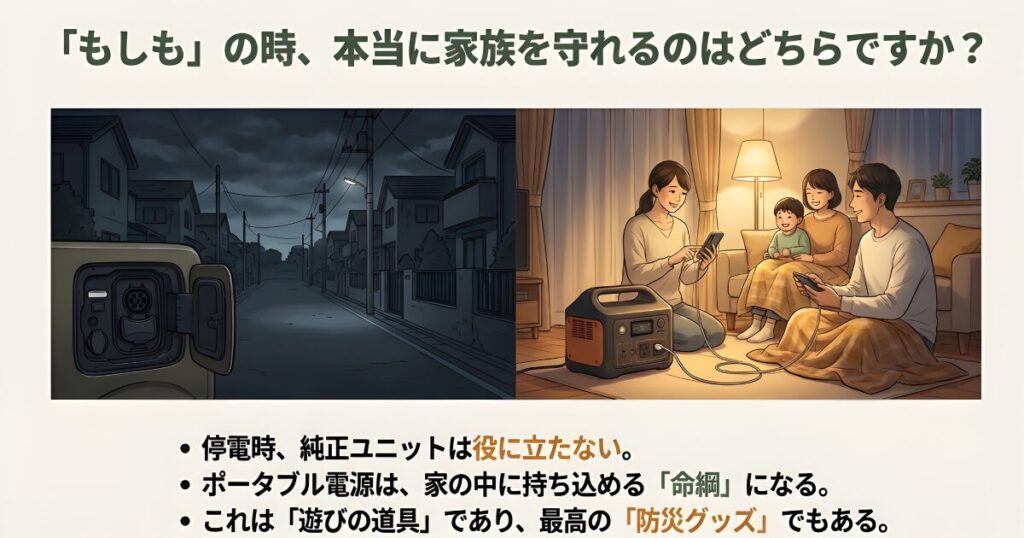 停電して暗い街並みの中でポータブル電源を使用して明かりが灯るリビングの家族の様子