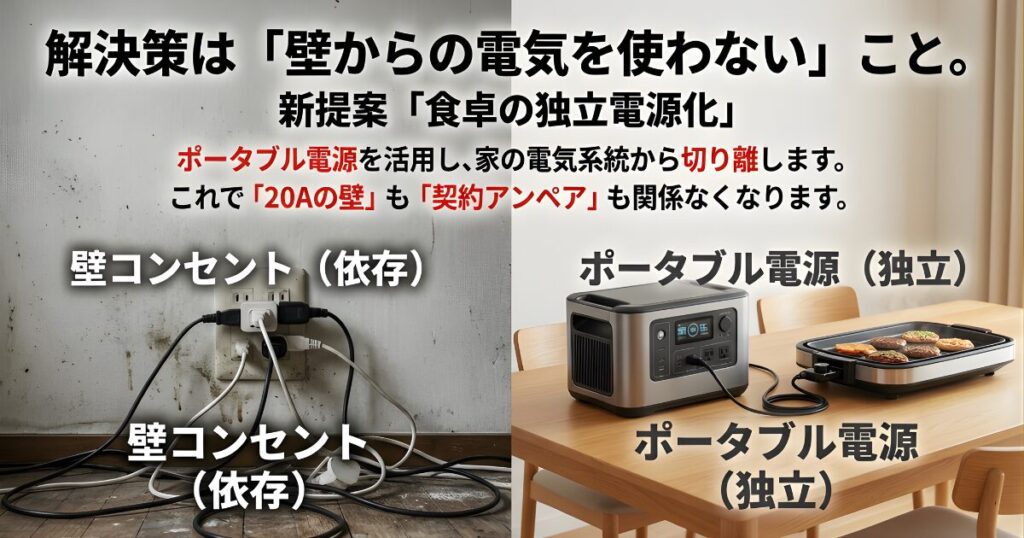 壁のコンセントに依存する方法と、ポータブル電源を使用して電気系統を独立させる方法の比較図