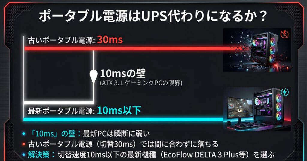 最新ポータブル電源の切替時間10msとゲーミングPCのATX3.1規格における瞬断許容範囲