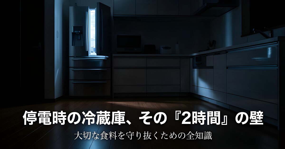 暗闇の中にある冷蔵庫の写真と「突然の停電。その時、冷蔵庫は？」というキャッチコピーのスライド資料