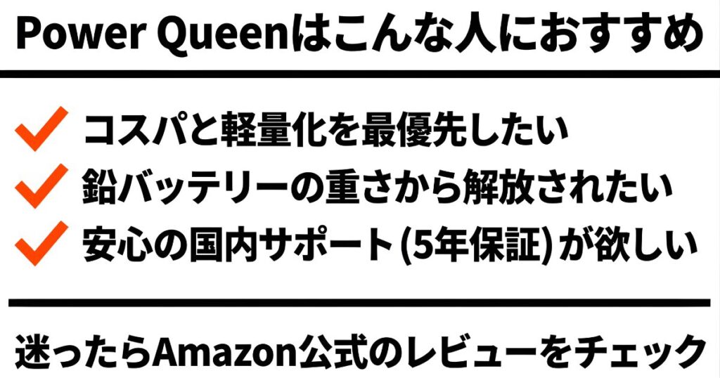 コスパと軽量化を優先し、鉛バッテリーの重さから解放されたい人向けのまとめスライド