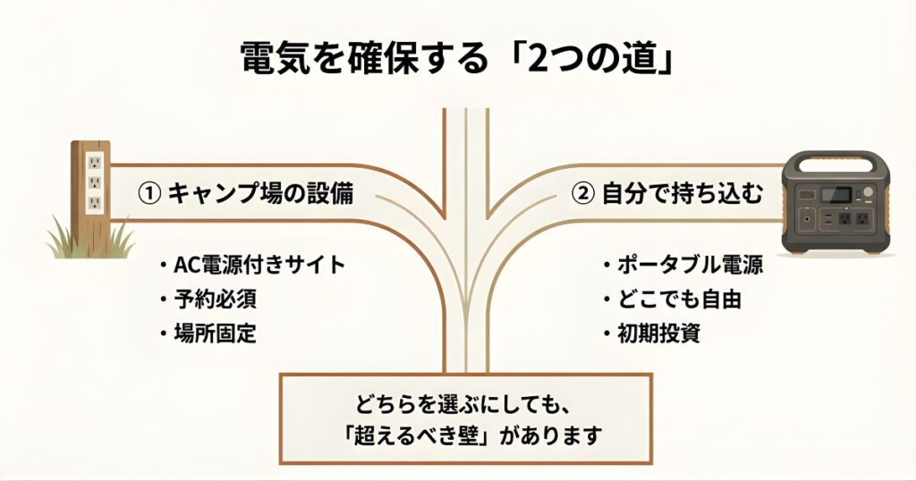 キャンプ場のAC電源サイトを利用する方法と、ポータブル電源を持ち込む方法の比較イラスト