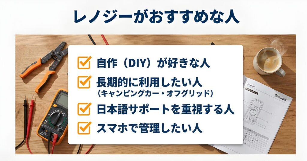 工具とテスターのイメージ画像とともに紹介する、Renogyを推奨するDIYユーザーの特徴リスト