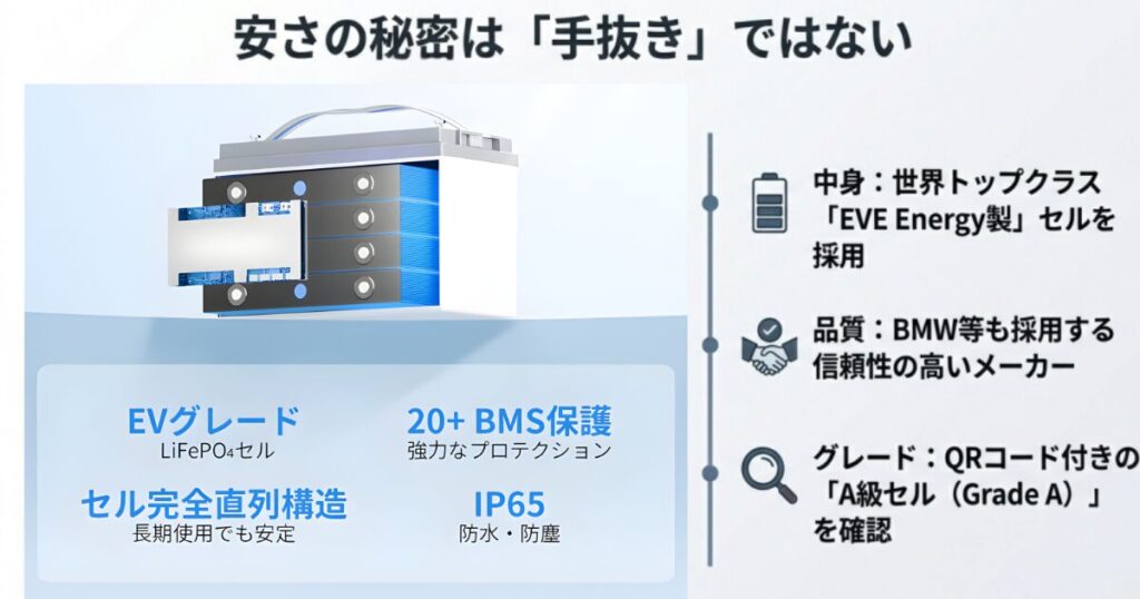 BMWも採用する信頼性の高いEVE Energy製「A級セル」を使用していることを示す内部構造図