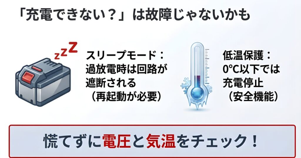 過放電によるスリープモードや、0度以下での低温保護機能による充電停止など、故障ではない挙動の解説