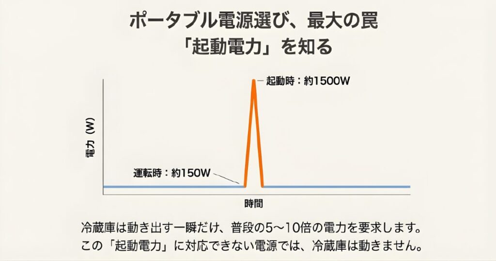 冷蔵庫は動き出す一瞬だけ普段の5〜10倍の電力（約1500W）を消費することを示すグラフ
