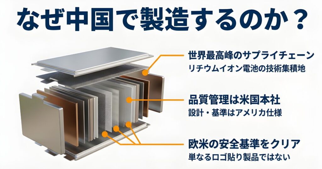 Renogyが中国で製造を行う理由（サプライチェーン）と米国本社による品質管理体制の図解