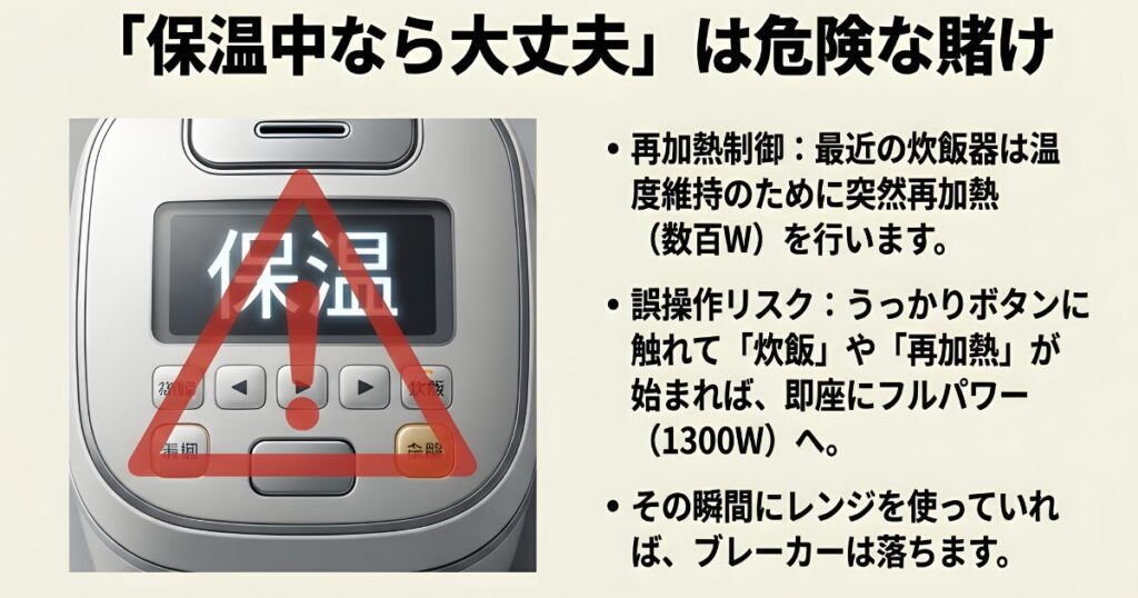炊飯器の保温中でも再加熱機能が働くと消費電力が上がるため、電子レンジとの同時使用は危険であることを示すイメージ