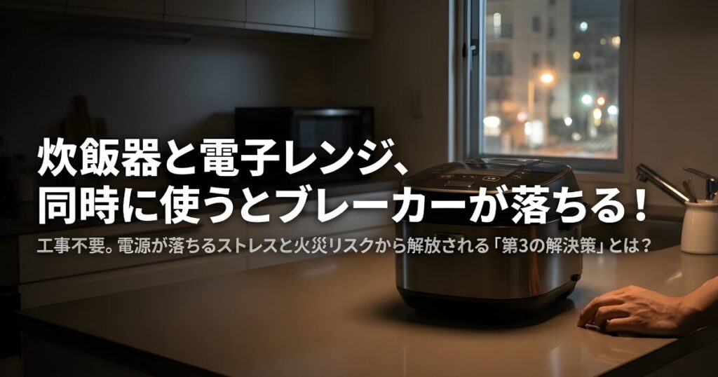 炊飯器と電子レンジを同時に使ってブレーカーが落ちる悩みと、工事不要で火災リスクから解放される「第3の解決策」を提案するスライドの表紙
