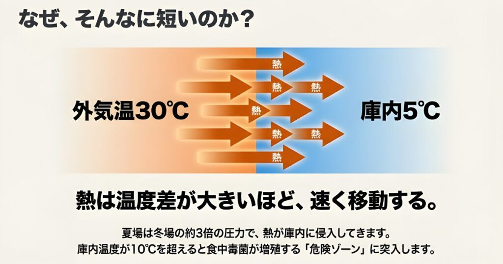 外気温30℃の環境下で冷蔵庫内に熱が侵入し、危険ゾーンへ突入するメカニズム