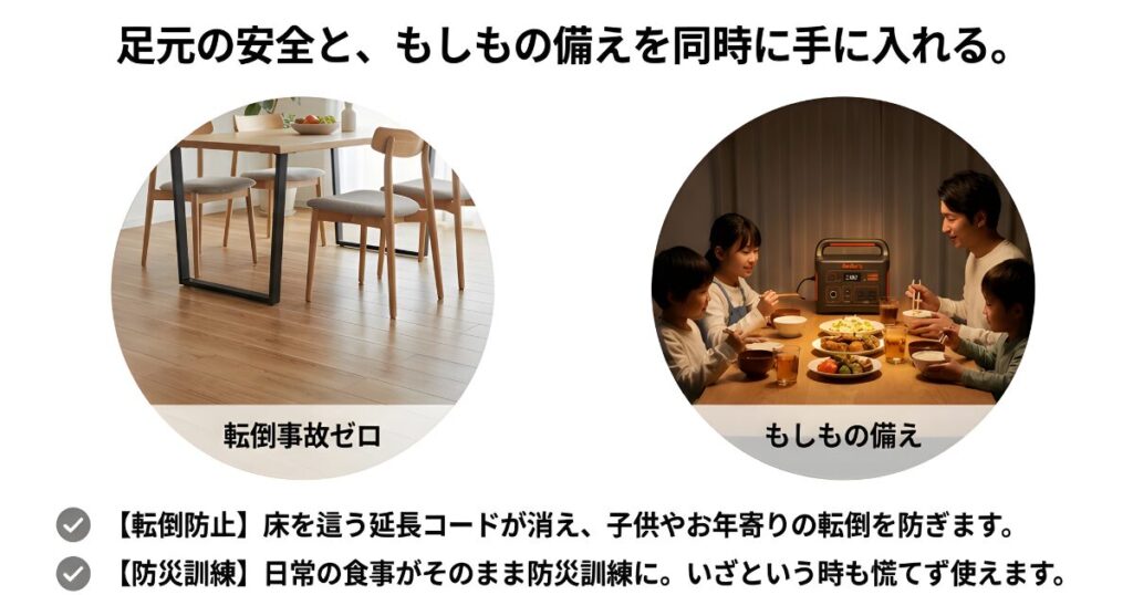 床を這う延長コードがなくなり、子供やお年寄りの転倒事故を防げるようになった安全なリビングの様子