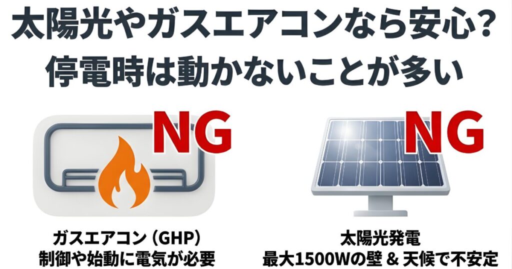 太陽光発電やガスエアコン(GHP)だけでは停電時に安定稼働が難しい理由