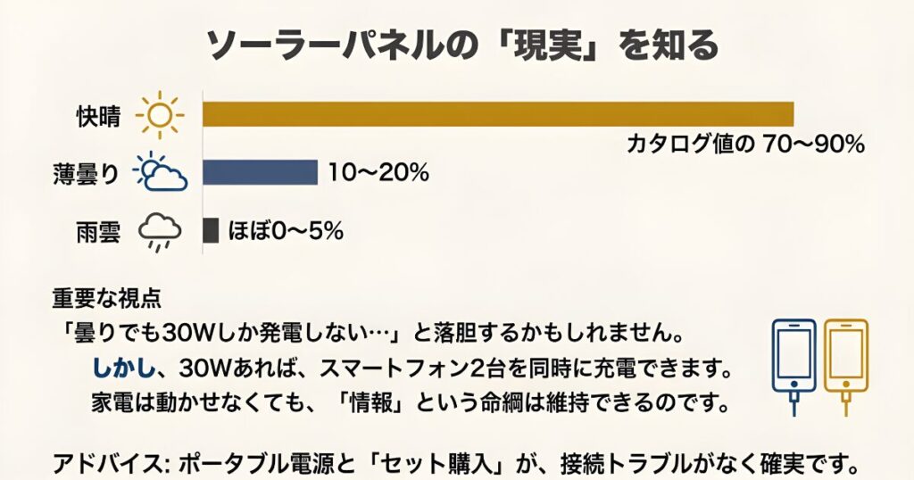 快晴・薄曇り・雨天時におけるソーラーパネル発電量の低下を示すグラフ